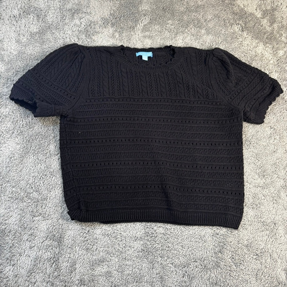 Draper James Black Cable Knit Pointelle Puff Short Sleeve Sweater Large